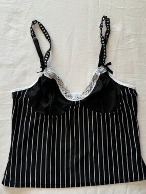 Black Pinstripe Lace Trim Cami Top Chain Strap Corset  Style Large